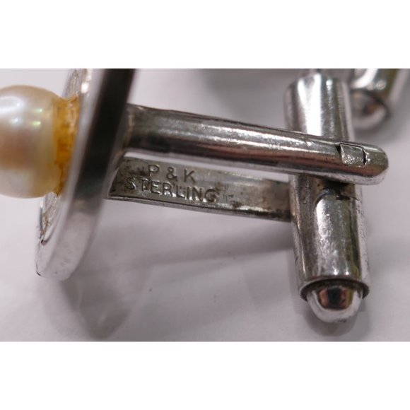 MCM Signed P&K Sterling Silver Atomic Look Cuff Links With Pearls Wedding Prom - Picture 2 of 12